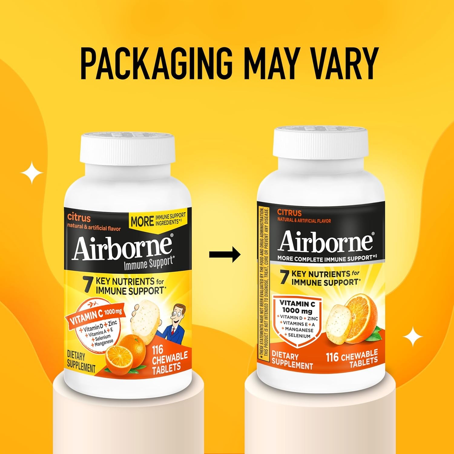Airborne Vitamin C 1000Mg (Per Serving) - Citrus Chewable Tablets (116 Count in a Bottle), Gluten-Free Immune Support Supplement, with Vitamins a C E, Zinc, Selenium, Echinacea, Ginger, Antioxidants