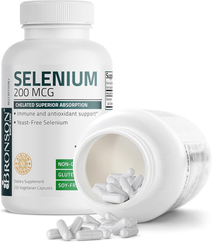 Bronson Selenium 200 Mcg – Yeast Free Chelated Amino Acid Complex - Essential Trace Mineral with Superior Absorption, 250 Vegetarian Capsules