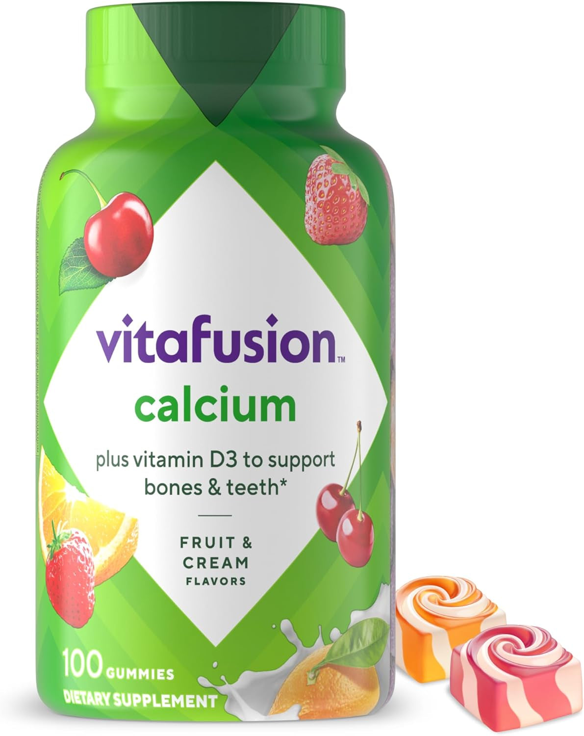 Vitafusion Chewable Calcium Gummy Vitamins for Bone and Teeth Support, Calcium Gummies, Fruit and Cream Flavor, 100 Count, 50 Day Supply