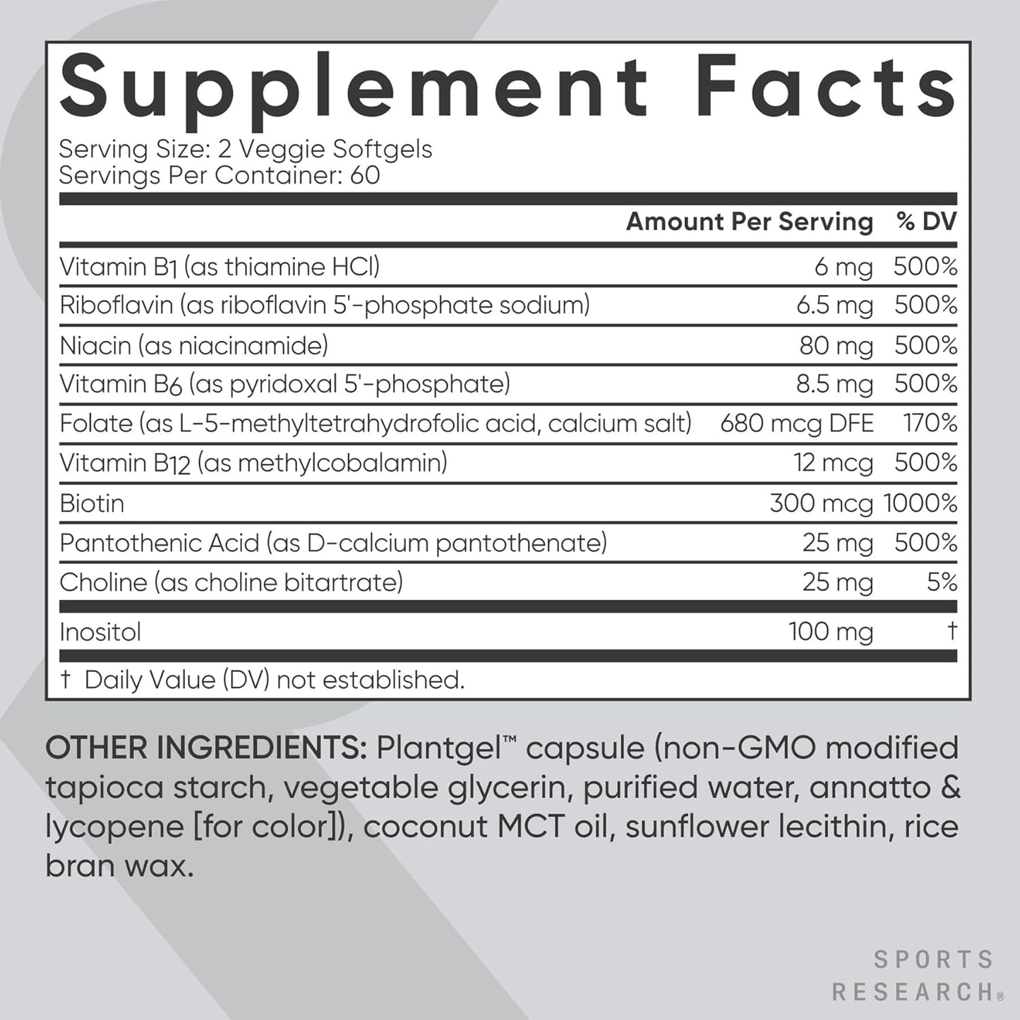 Sports Research® Vitamin B-Complex - Full Spectrum of B Vitamins with Methylated B12 & Folate - Gluten Free · Plant-Based · Non-Gmo · Vegan-Friendly Formula - 120 Veggie Softgels