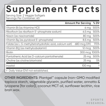 Sports Research® Vitamin B-Complex - Full Spectrum of B Vitamins with Methylated B12 & Folate - Gluten Free · Plant-Based · Non-Gmo · Vegan-Friendly Formula - 120 Veggie Softgels