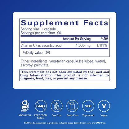 Pure Encapsulations Ascorbic Acid Capsules - 1,000 Mg Vitamin C - Antioxidant & Immune Support* - High- Vitamin C - Vegan & Non-Gmo - 90 Capsules