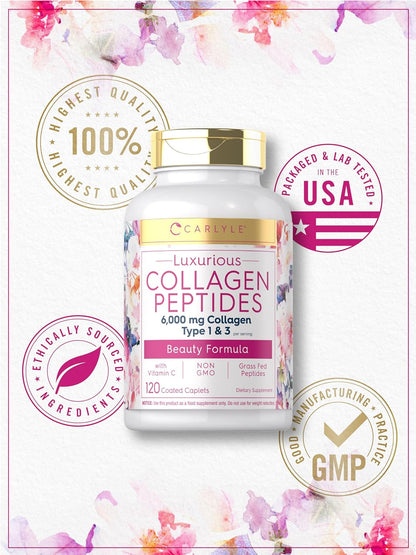 Carlyle Collagen Peptides with Vitamin C | 6000Mg | 120 Caplets | Grass Fed Type II & III | Beauty Formula | Non-Gmo, Gluten Free Supplement