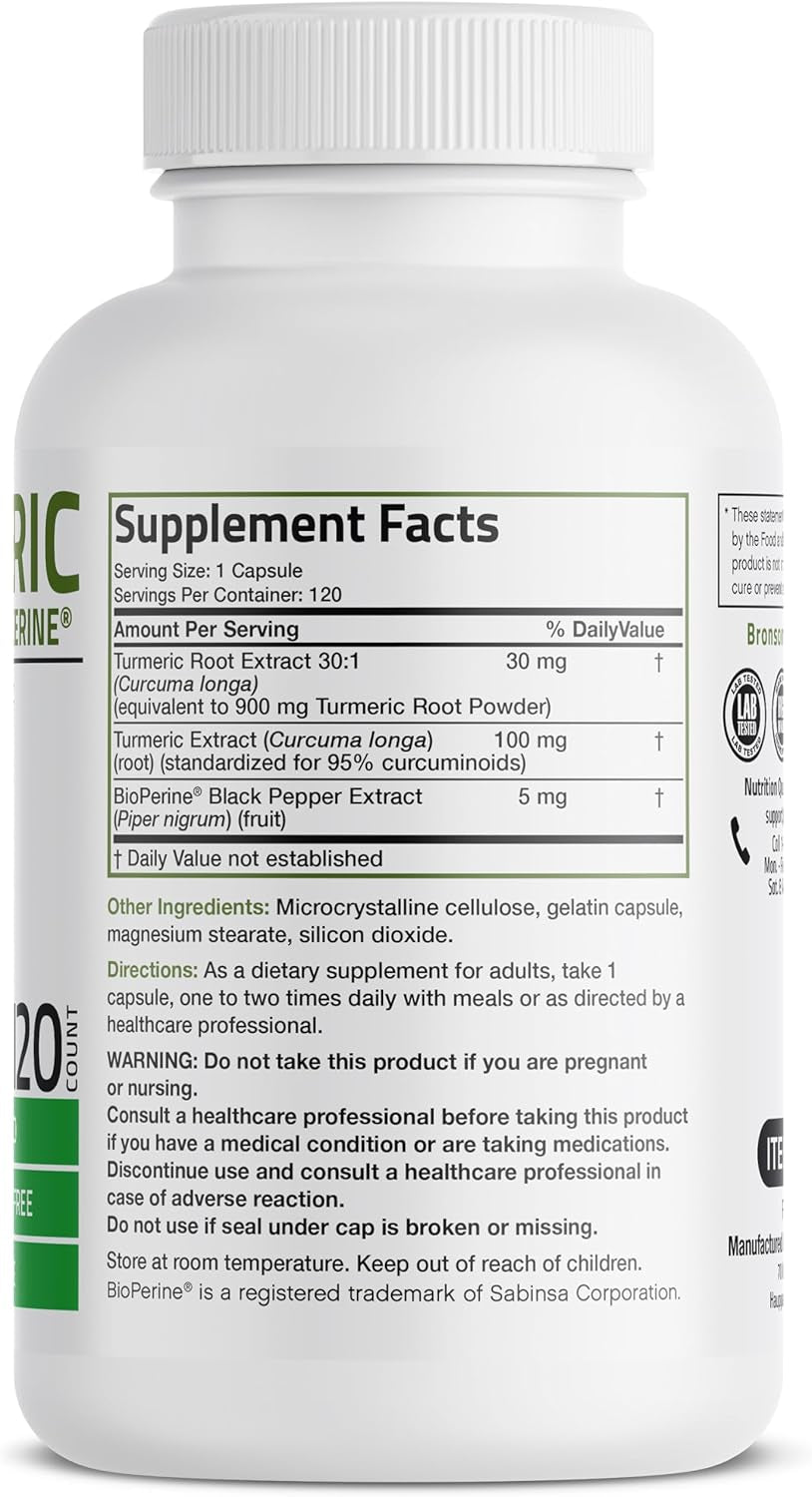 Bronson Turmeric Curcumin with Bioperine - High  Premium Joint Support with 95% Standardized Curcuminoids - Non-Gmo Capsules with Black Pepper - 120 Count