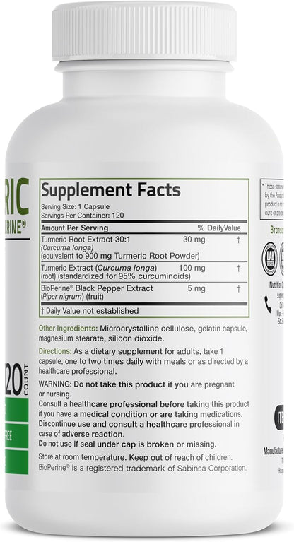 Bronson Turmeric Curcumin with Bioperine - High  Premium Joint Support with 95% Standardized Curcuminoids - Non-Gmo Capsules with Black Pepper - 120 Count