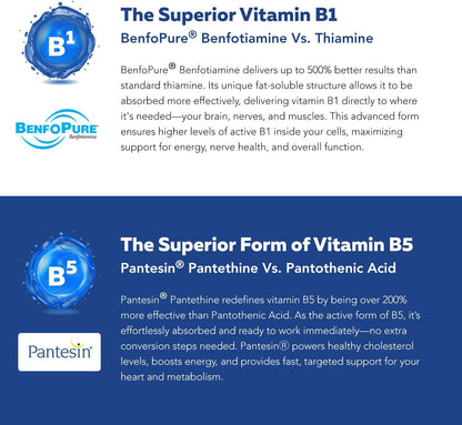 Bioactive Vitamin B Complex - Blood Stream Ready, Methylated B Complex - Featuring Methylfolate, 3 Bioactive Forms of B12, Benfopure® B1 & Pantesin® B5 - 12 B Vitamins in Clinical Doses - 60 Servings