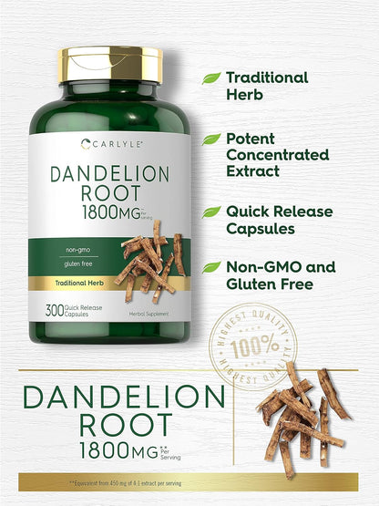 Carlyle Dandelion Root | 1800Mg | 300 Capsules | Non-Gmo, Gluten Free Supplement