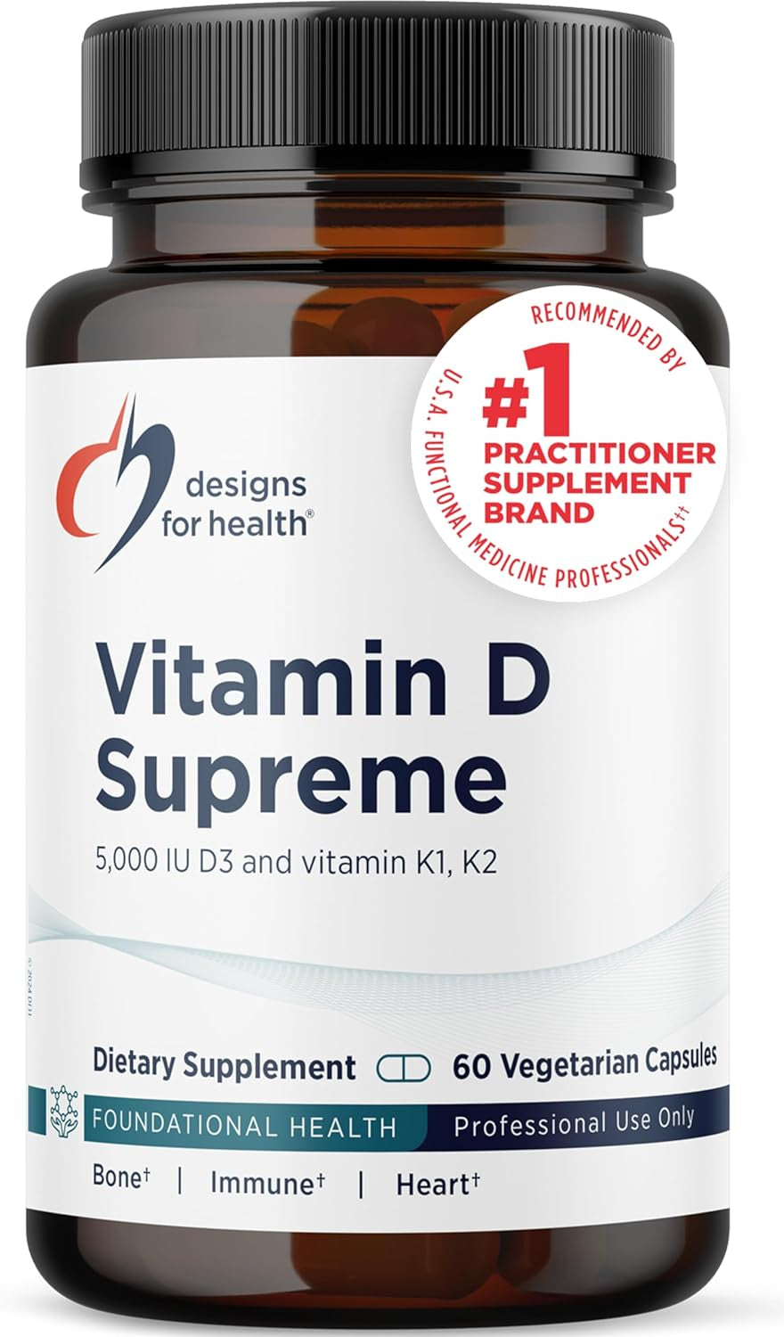 Designs for Health Vitamin D Supreme - Vitamin D 5000 IU with 2000Mcg Vitamin K as MK4 for Bone Health, Heart Health, Mood & Immune Support - Vitamin D3 Enhanced with GG Supplement (60 Capsules)