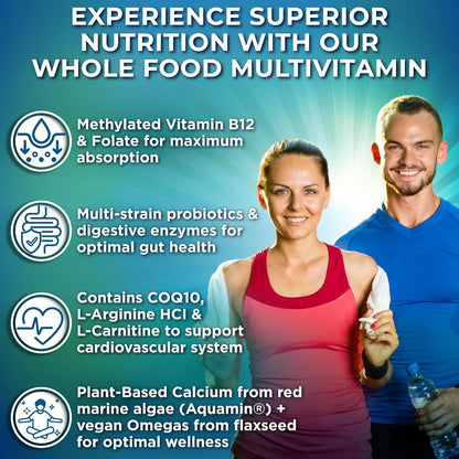 Vegan Whole Food Daily Multivitamin with Iron, Methylated Multivitamin for Women and Men, Made with Fruits & Vegetables, B-Complex, Probiotics, Enzymes, Coq10, Omegas, Turmeric, Non-Gmo, 90 Count