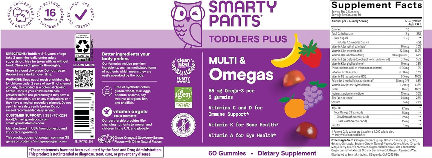 Smartypants Toddler Multivitamin Gummies - Improved Formula: Omega 3 (DHA/EPA), Vitamins D3, C, Vitamin B12, B6, A, K & Zinc, Biotin, Gluten Free, Three Fruit Flavors, 60 Count (30 Day Supply)