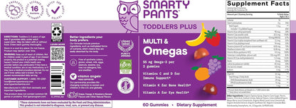 Smartypants Toddler Multivitamin Gummies - Improved Formula: Omega 3 (DHA/EPA), Vitamins D3, C, Vitamin B12, B6, A, K & Zinc, Biotin, Gluten Free, Three Fruit Flavors, 60 Count (30 Day Supply)