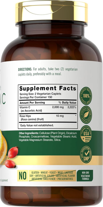 Carlyle Vitamin C 1000Mg | 300 Vegetarian Caplets | Ascorbic Acid with Wild Rose Hips | High Strength Formula | Non-Gmo and Gluten Free Supplement