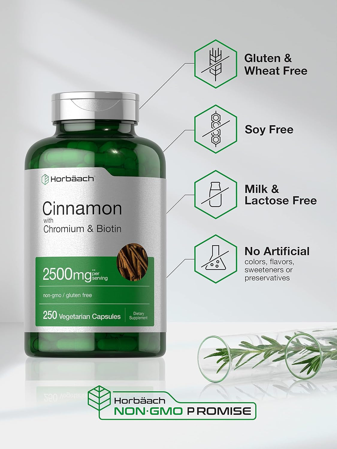 Horbäach Cinnamon with Chromium & Biotin 2500Mg | 250 Capsules | Herb Extract Supplement | Vegetarian, Non-Gmo, Gluten Free Extract Supplement