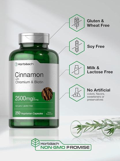 Horbäach Cinnamon with Chromium & Biotin 2500Mg | 250 Capsules | Herb Extract Supplement | Vegetarian, Non-Gmo, Gluten Free Extract Supplement