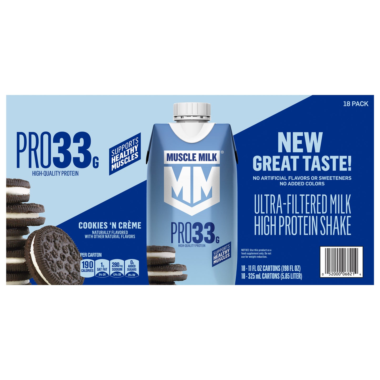 Muscle Milk 33G Protein Ultra-Filtered Milk Shake, Cookies 'N Crème, 11 Fl Oz, 18-Pack