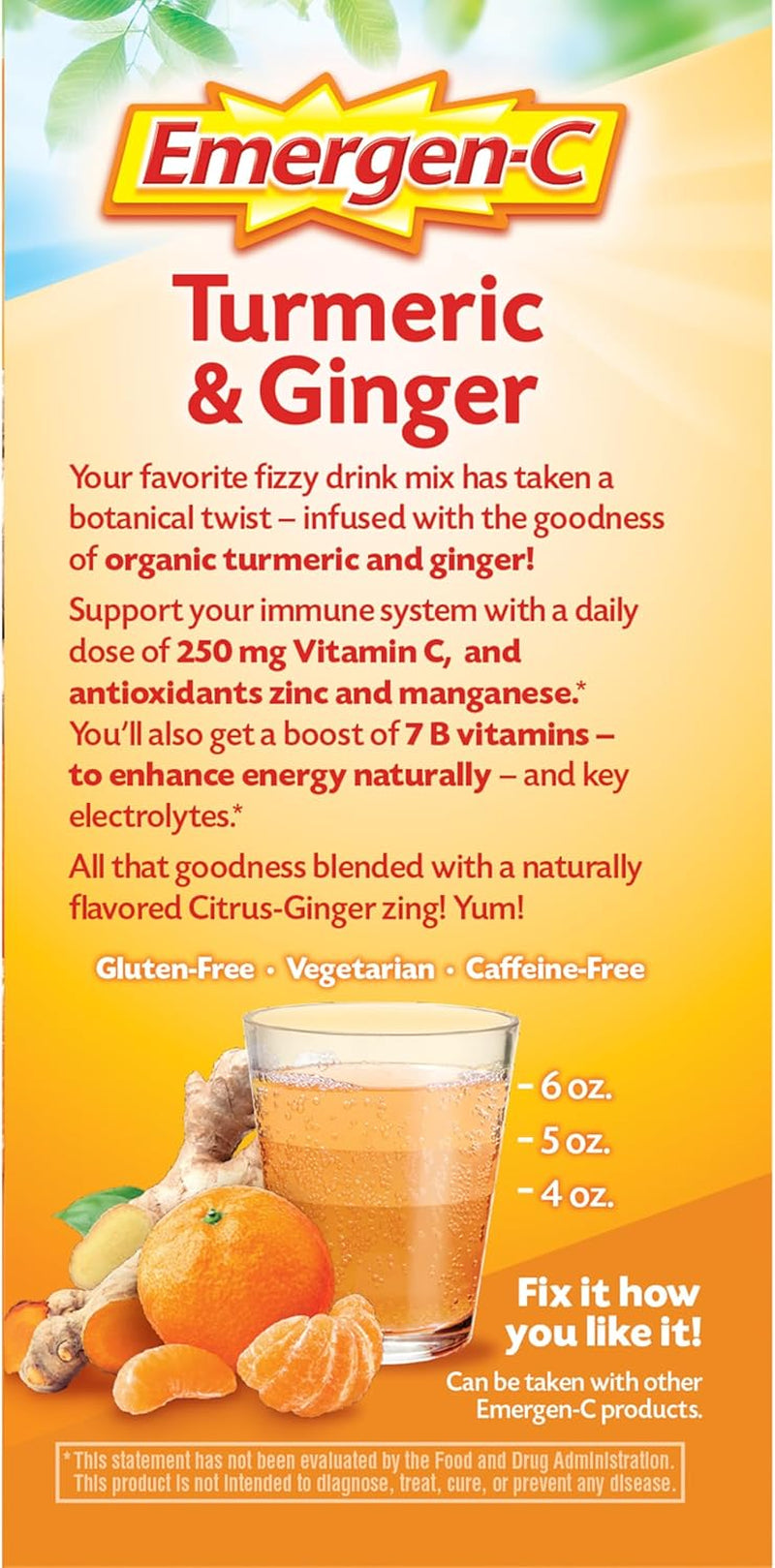 Emergen-C Citrus-Ginger Fizzy Drink Mix, Turmeric and Ginger, Immune Support, Natural Flavors with High  Vitamin C, 18 Count