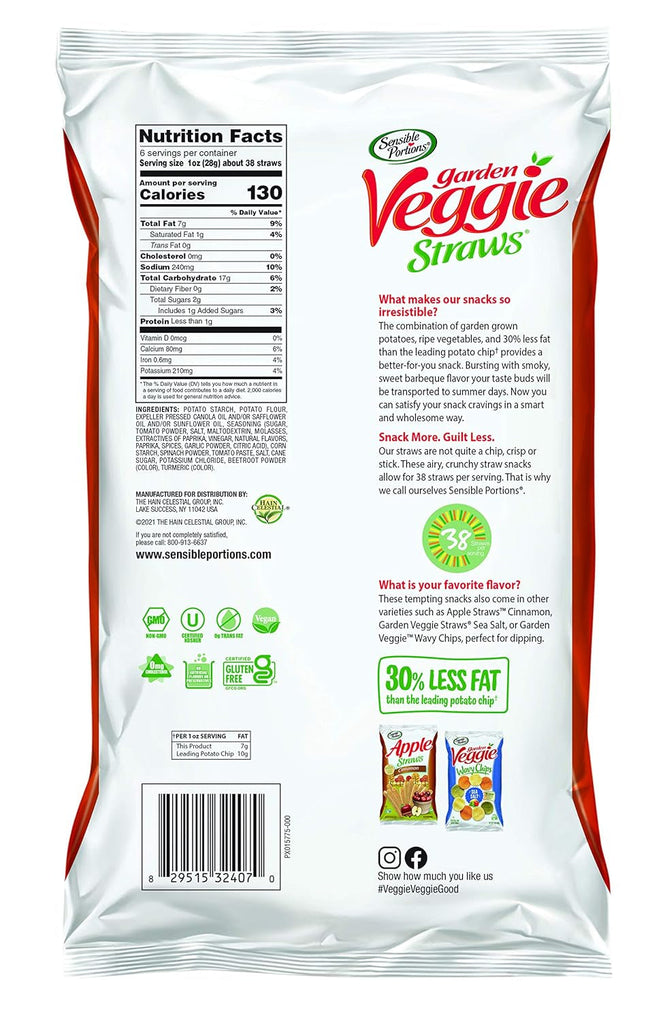 Sensible Portions Garden Veggie Straws, BBQ, 6 Oz