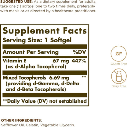 Solgar Vitamin E 67 Mg (100 IU) - 100 Softgels, Pack of 2 - Antioxidant Support - Gluten & Dairy Free - 200 Total Servings