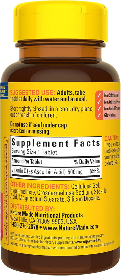 Nature Made Vitamin C 500 Mg Tablets, Dietary Supplement, Vitamin C for Immune Support, 100 Tablets, 100 Day Supply