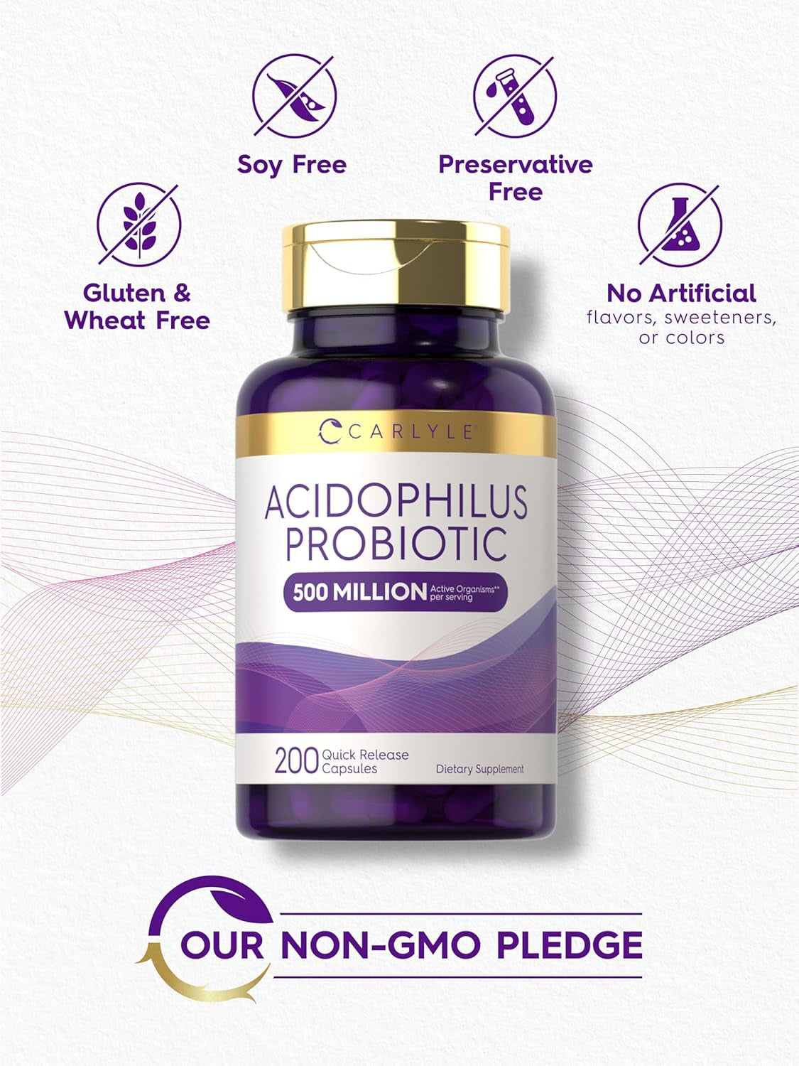 Carlyle Acidophilus Probiotic Capsules for Women and Men | 500 Million CFU | 200 Pills | Lactobacillus Supplement | Non-Gmo and Gluten Free