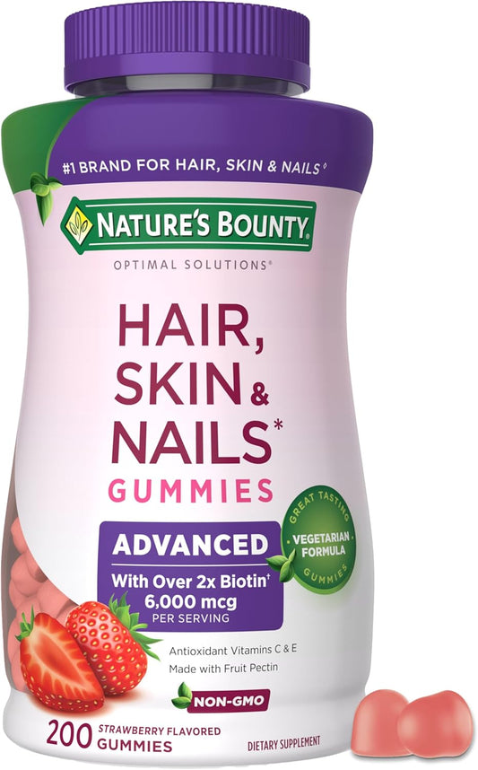 Nature’S Bounty Optimal Solutions Advanced Hair, Skin and Nails Pectin Gummies, 2X Biotin per Serving, No Stick Gummy, Vegetarian Formula, Strawberry Flavor, 200 Ct, 100 Total Servings