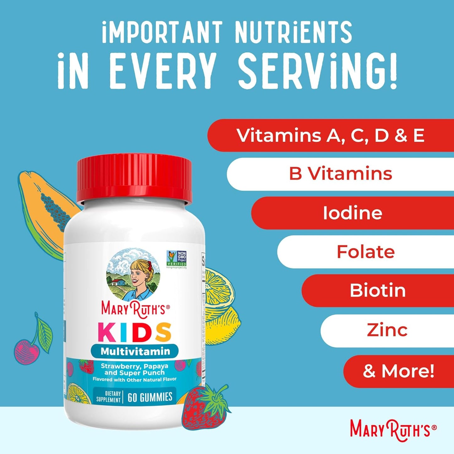 Maryruth Organics Kids Vitamins | Multi | Sugar Free | 2 Month Supply | Kids Multivitamin Gummies for Ages 2+ | Vegan | Only 1 Gummy a Day | 60 Count