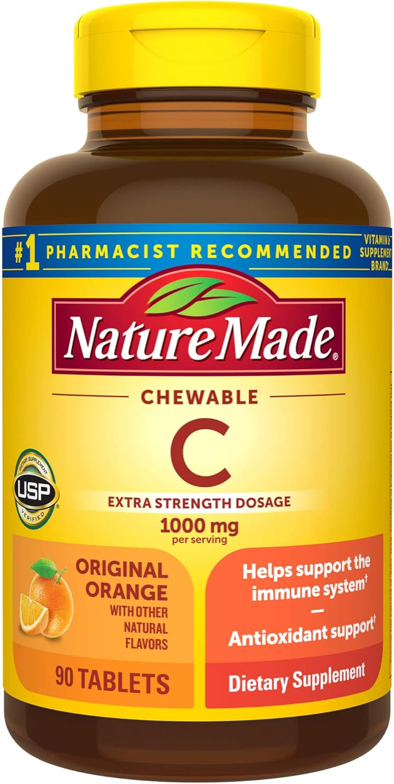 Nature Made Extra Strength Dosage Chewable Vitamin C 1000 Mg per Serving, Vitamin C Chewable Dietary Supplement for Immune Support, 90 Tablets, 45 Day Supply
