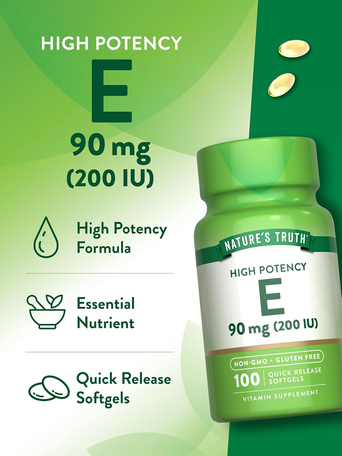 Nature'S Truth Vitamin E Softgels | 200 IU | 100 Softgels | Non-Gmo & Gluten Free Supplement