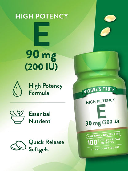 Nature'S Truth Vitamin E Softgels | 200 IU | 100 Softgels | Non-Gmo & Gluten Free Supplement