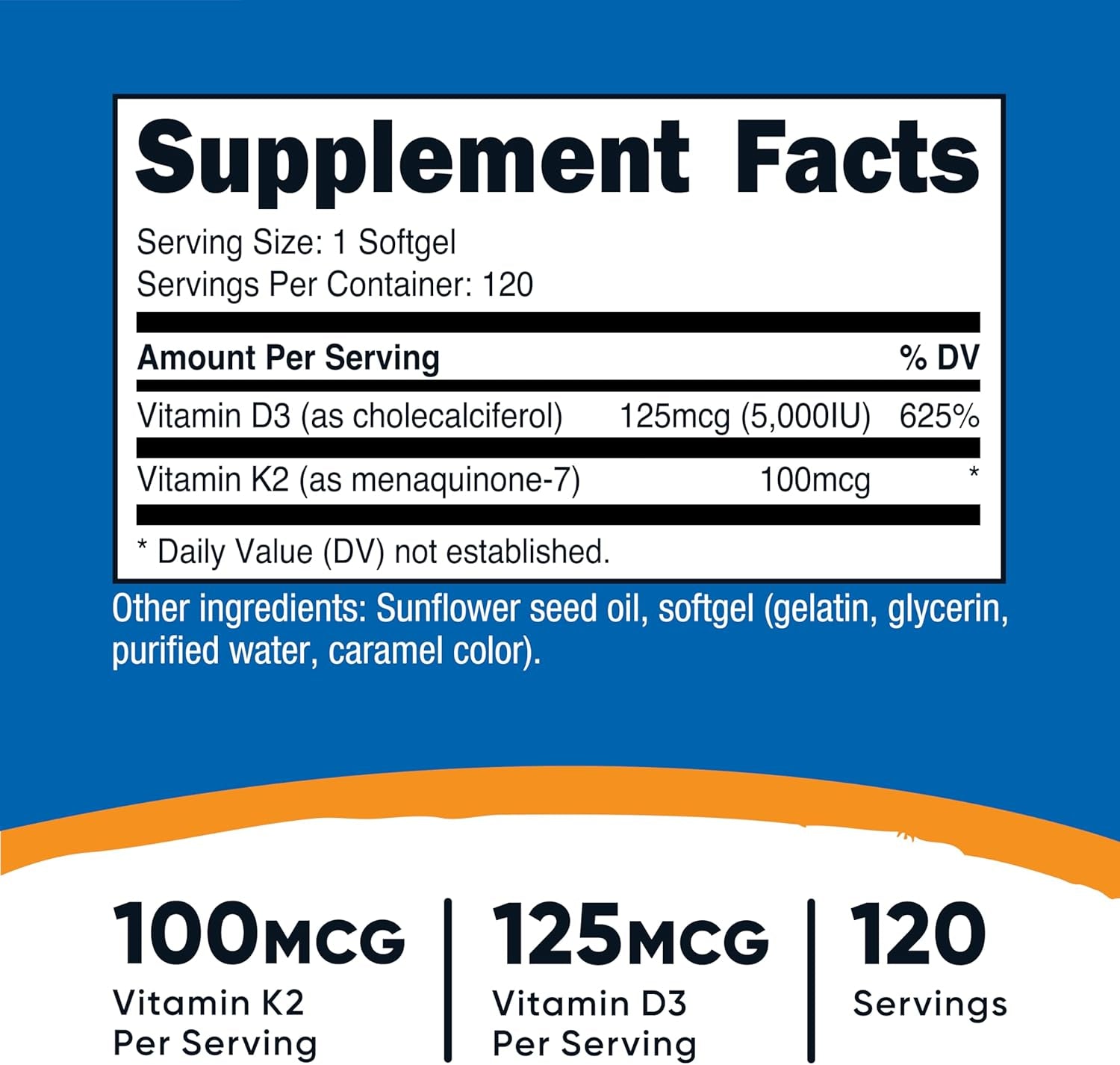 Vitamin K2 (MK7) (100Mcg) + Vitamin D3 (5000 IU) 120 Softgels - Gluten Free and Non-Gmo