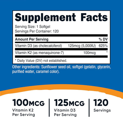 Vitamin K2 (MK7) (100Mcg) + Vitamin D3 (5000 IU) 120 Softgels - Gluten Free and Non-Gmo