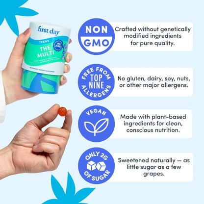 FIRST DAY Vitamins for Teens - Teen Multi Vitamins for Girls & Boys 12-17, Organic Fruit & Veggie Blend - 12 Key Nutrients: Vitamins A, B1, B2, B6, B9, B12, C, D3, E, K2-30 Day Supply