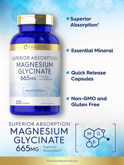 Carlyle Magnesium Glycinate | 665 Mg | 250 Capsules | Non-Gmo and Gluten Free Formula | Essential Buffered Mineral Supplement