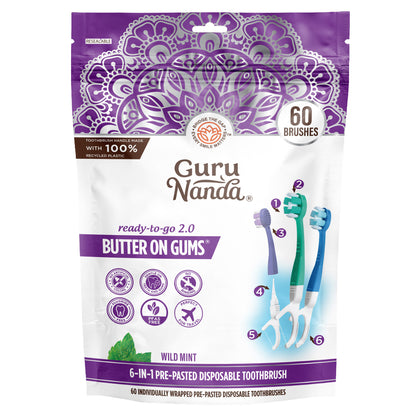 Gurunanda Butter on Gums 6-In-1 Pre-Pasted Disposable Toothbrush, 60-Count