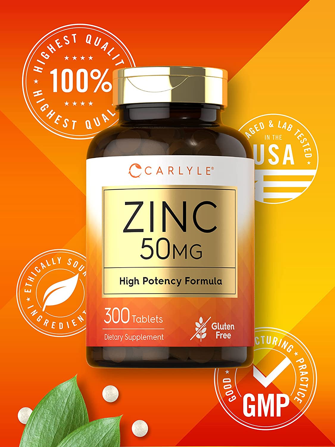 Carlyle Zinc 50Mg | 300 Tablets | Vegetarian, Non-Gmo, and Gluten Free Supplement | Zinc Gluconate | High  Formula