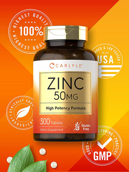 Carlyle Zinc 50Mg | 300 Tablets | Vegetarian, Non-Gmo, and Gluten Free Supplement | Zinc Gluconate | High  Formula