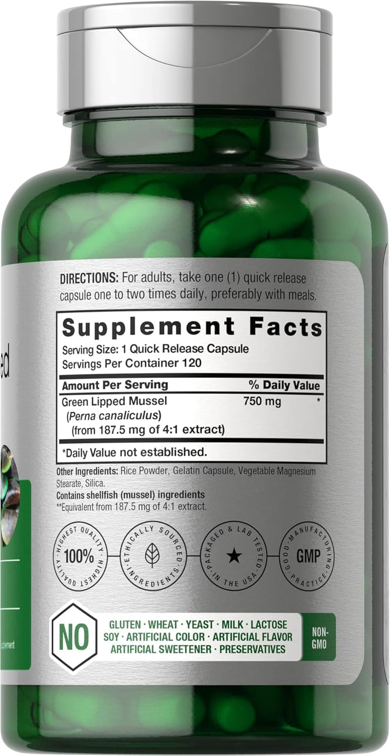 Horbäach Green Lipped Mussel | 750 Mg | 120 Capsules | from New Zealand | Premium Freeze Dried Mussel Powder | Non-Gmo and Gluten Free