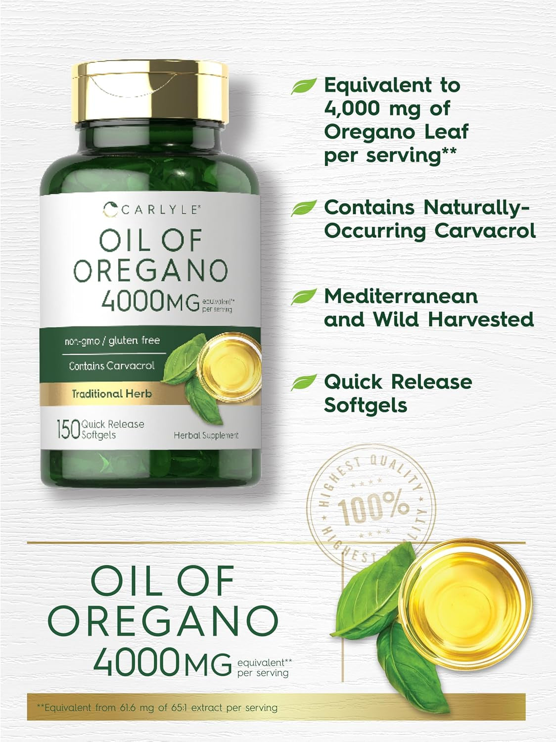 Carlyle Oregano Oil 4000Mg Supplement | 150 Softgel Capsules | Contains Carvacrol | Non-Gmo & Gluten Free Formula