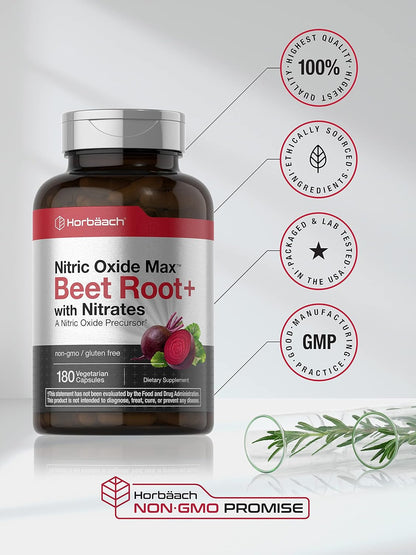 Horbäach Nitric Oxide Beet Root Capsules | 180 Count | with Nitrates and Precursor | for Men and Women | Vegetarian, Non-Gmo, Gluten Free Supplement