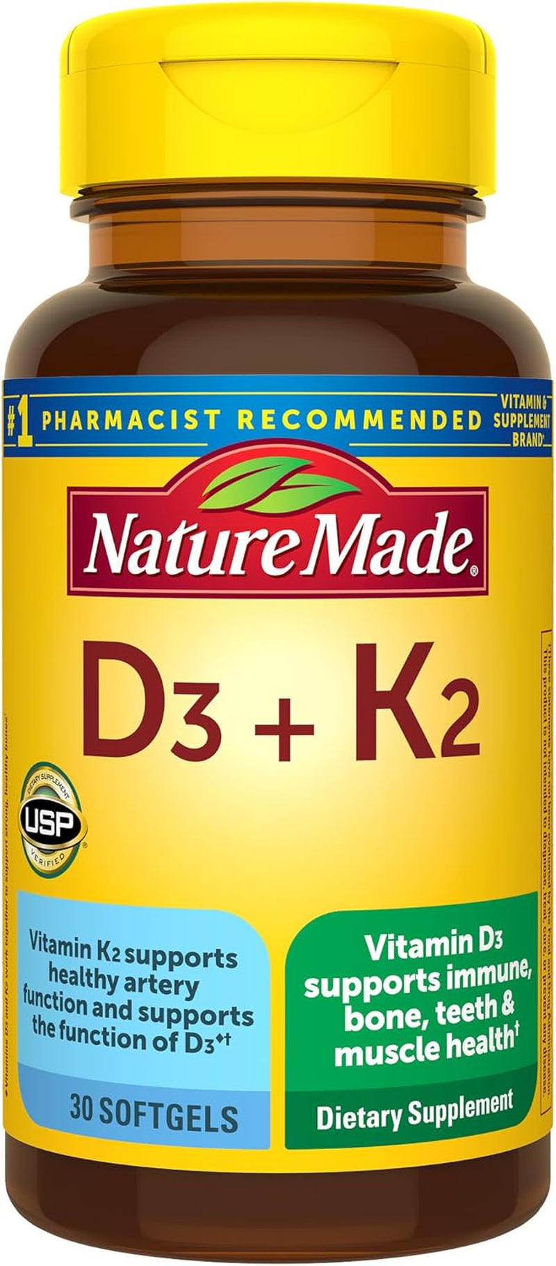 Nature Made Vitamin D3 K2 Supplement, 5000 IU (125 Mcg) Vitamin D for Bone, Teeth, Muscle and Immune Support, 30 D3 and K2 Softgels, 30 Day Supply