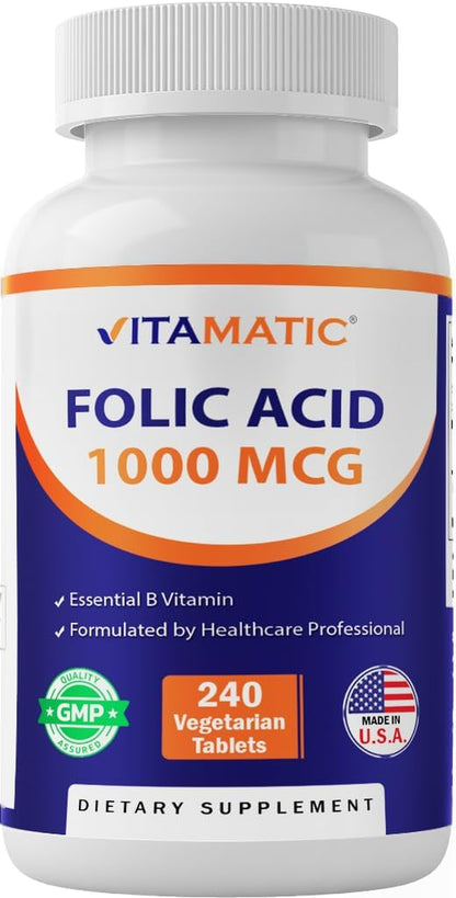 Folic Acid 1000 Mcg (1 Mg) - Vegetarian Tablets - 1667 Mcg DFE - Vitamin B9 (240 Count (Pack of 1))