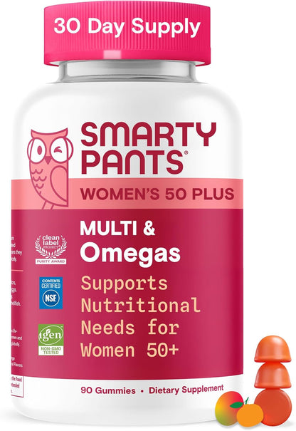 Smartypants Multivitamin Gummy for Women 50 and over - Improved Formula: Omega 3 (DHA/EPA), Methylfolate, Coq10, Vitamin D3, C, Vitamin B12, B6, A, K, Biotin, Gluten Free, 90 Count (30 Day Supply)
