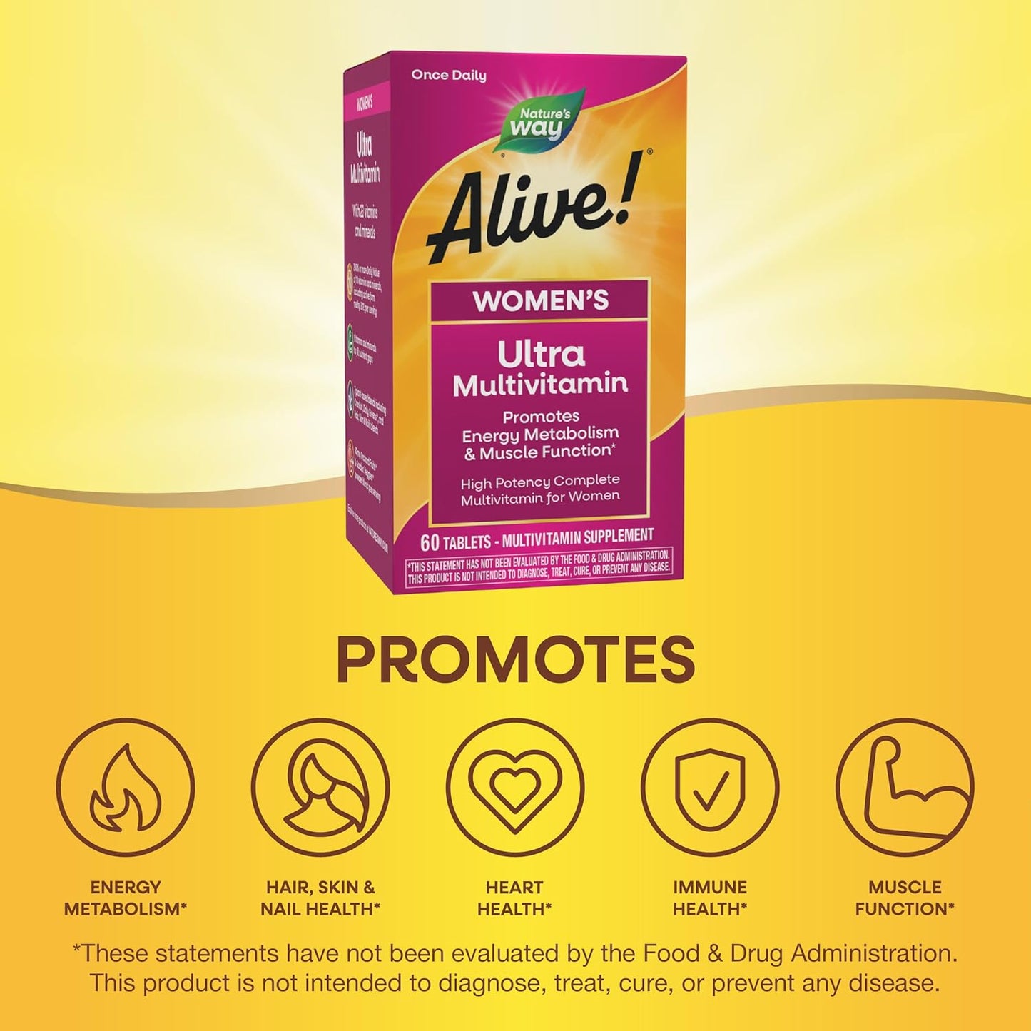 Nature'S Way Alive! Women'S Daily Ultra Multivitamin, High  Formula, Promotes Energy Metabolism and Muscle Function*, Women'S Vitamins, Methylated Vitamin B12, 60 Tablets