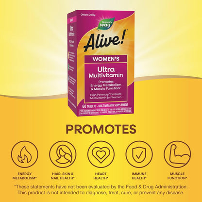 Nature'S Way Alive! Women'S Daily Ultra Multivitamin, High  Formula, Promotes Energy Metabolism and Muscle Function*, Women'S Vitamins, Methylated Vitamin B12, 60 Tablets