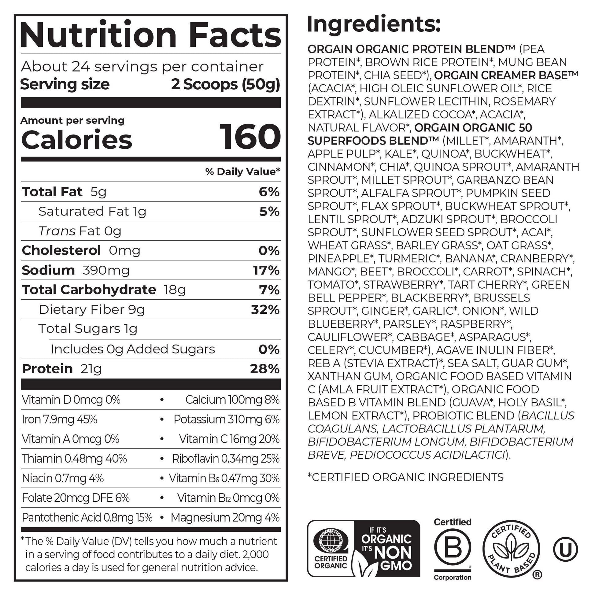 Orgain Organic Protein and Superfoods Plant Based Protein Powder, Creamy Chocolate Fudge, 2.64 Lbs