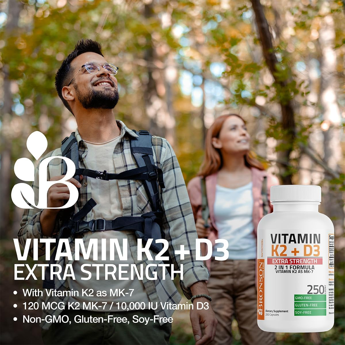 Bronson Vitamin K2 (MK7) with D3 Extra Strength Supplement Bone Health Non-Gmo Formula 10,000 IU & 120 Mcg MK-7 Easy to Swallow D K, 60 Capsules