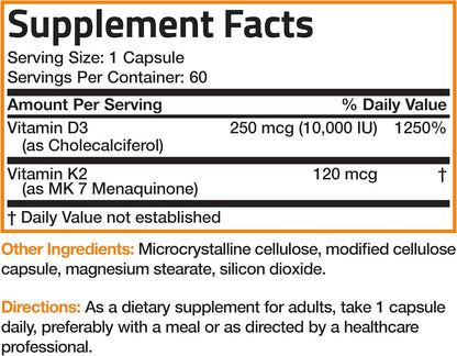 Bronson Vitamin K2 (MK7) with D3 Extra Strength Supplement Bone Health Non-Gmo Formula 10,000 IU & 120 Mcg MK-7 Easy to Swallow D K, 60 Capsules