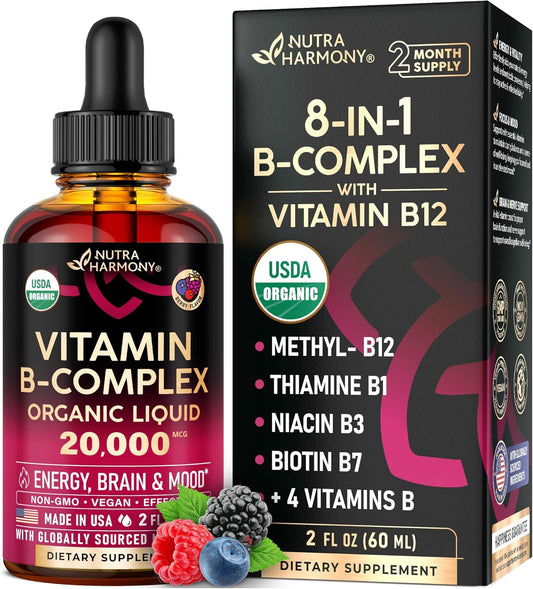 USDA Organic Vitamin B-Complex B5 Pantothenic Acid | B12 Methylcobalamin | B1 Thiamine | B6 Pyridoxine | B7 Biotin | B9 Folic | B3 Niacinamide - B Complex Liquid Drops, Made in USA Supplement, 2Fl Oz