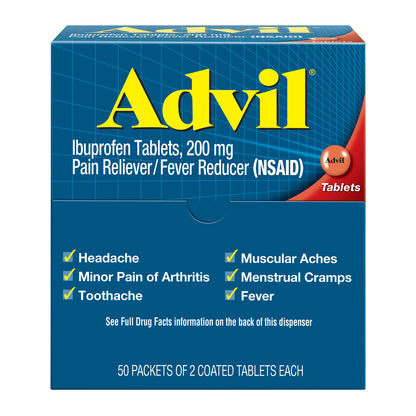 Advil Ibuprofen, 200Mg, 50 Packets of 2 Coated Tablets