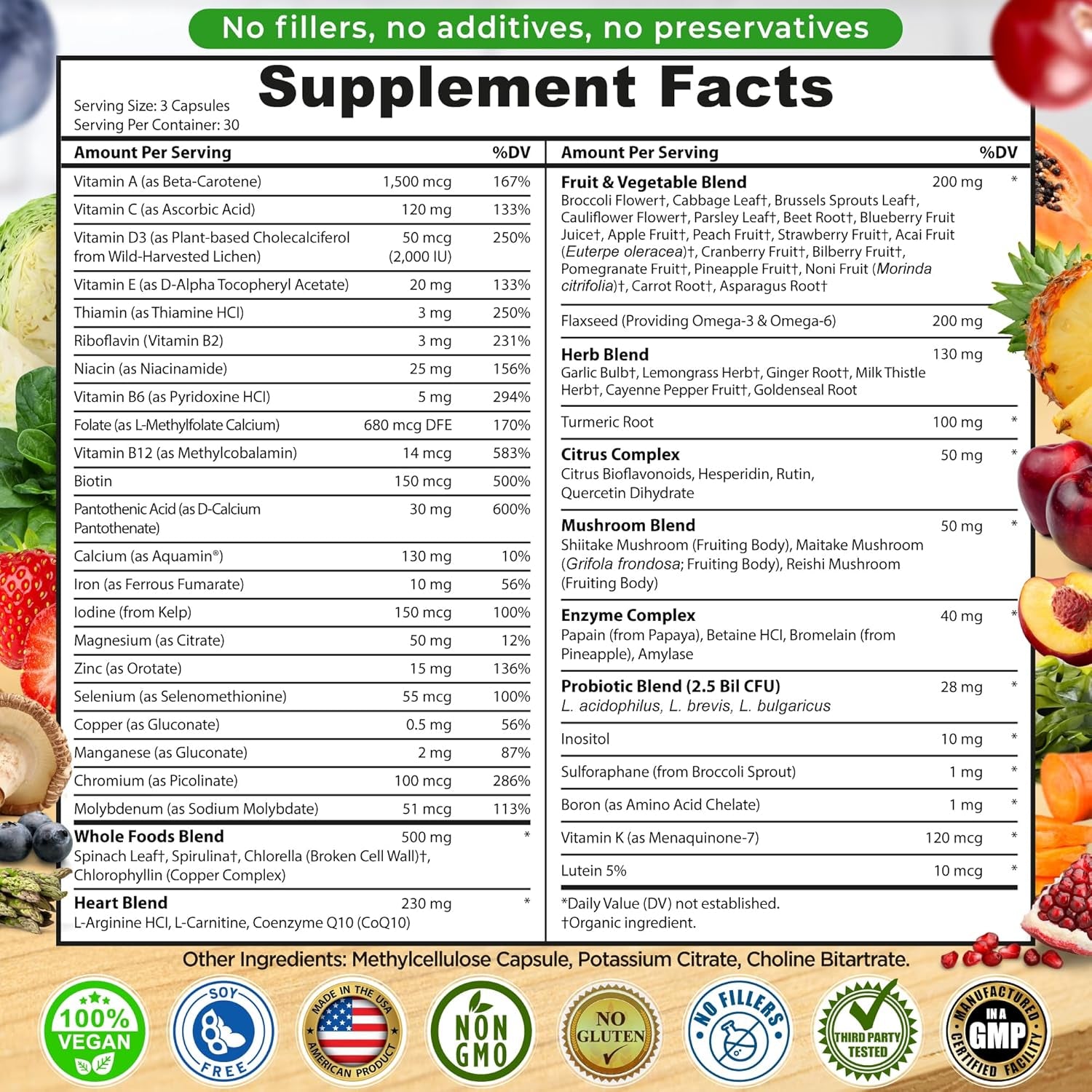 Vegan Whole Food Daily Multivitamin with Iron, Methylated Multivitamin for Women and Men, Made with Fruits & Vegetables, B-Complex, Probiotics, Enzymes, Coq10, Omegas, Turmeric, Non-Gmo, 90 Count